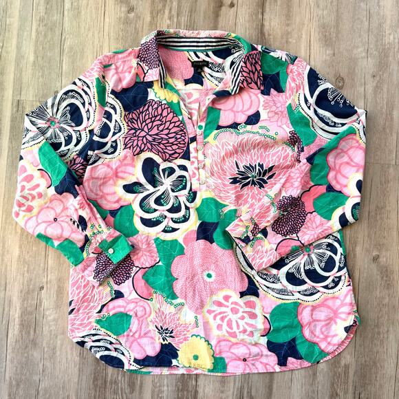 Talbots Women XL Cotton Popover Tunic Top Bold Multicolor Floral Resort Preppy - Picture 2 of 8